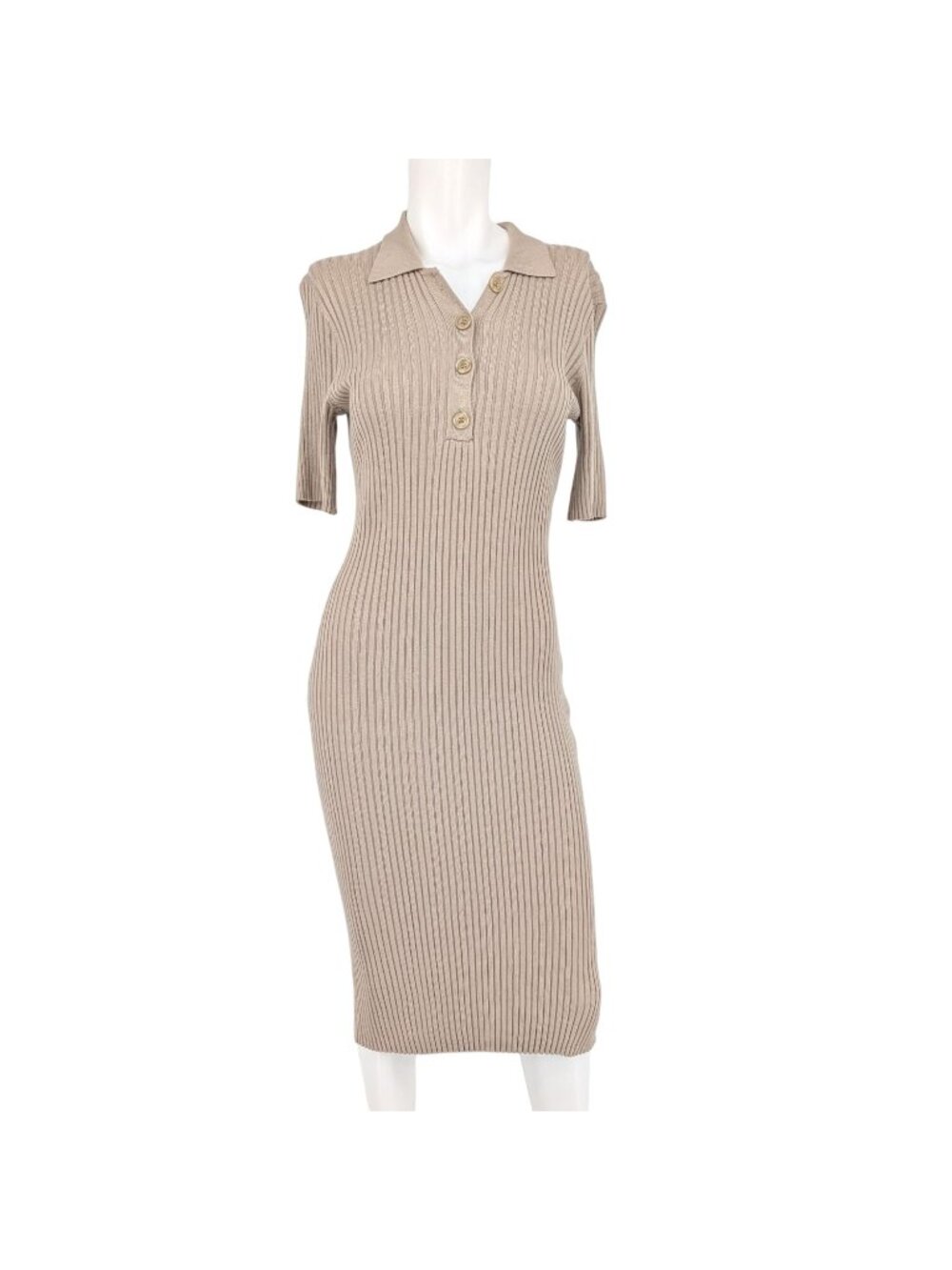 Ribbed Knit Polo Midi Dress Bodycon Minimalist Capsule Stretch Effortless Small‎